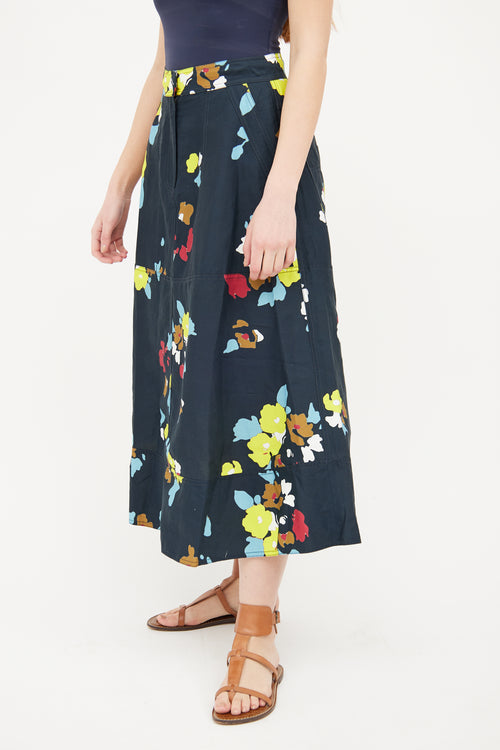 Lee Mathews Navy Floral Print Midi Skirt