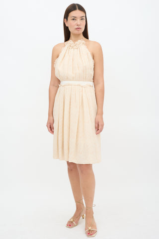 Lela Rose Beige Silk Chevron Halter Neck Dress