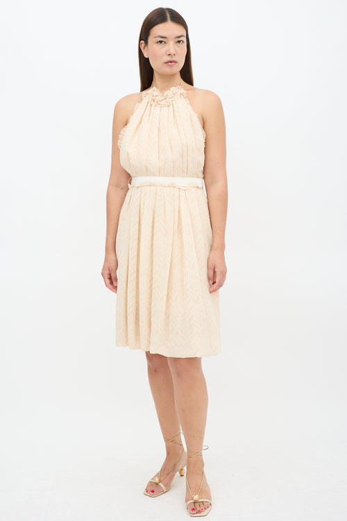 Lela Rose Beige Silk Chevron Halter Neck Dress