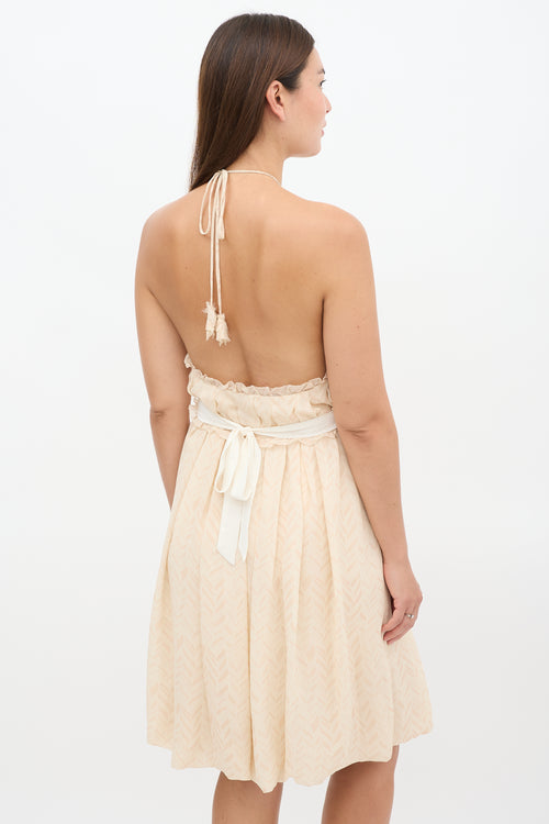 Lela Rose Beige Silk Chevron Halter Neck Dress