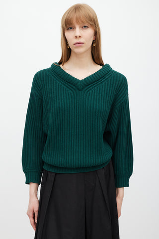 Lemaire Green Cable Knit V-Neck Sweater