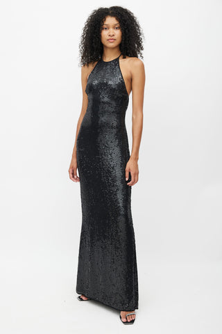 Lida Baday Black Sequin Halter Gown