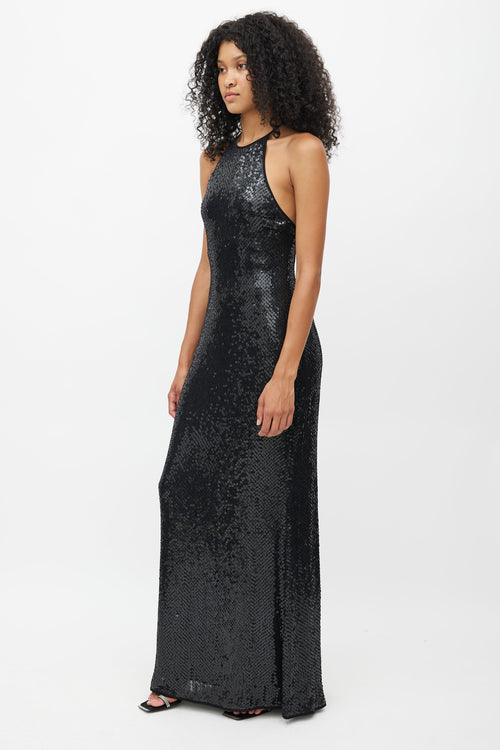 Lida Baday Black Sequin Halter Gown