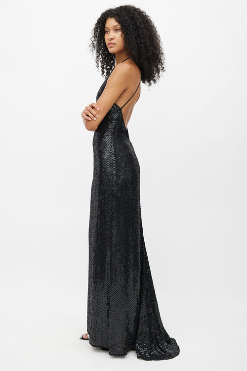 Lida Baday Black Sequin Halter Gown