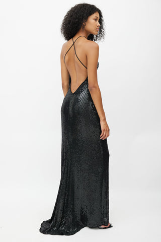 Lida Baday Black Sequin Halter Gown