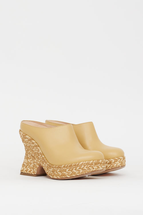 Loewe Beige Leather 
Raffia Terra Platform Mule