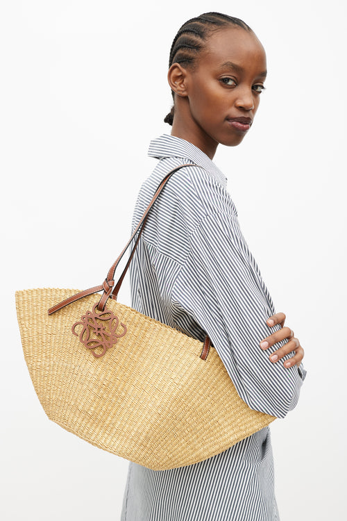 Loewe Brown Raffia Small Shell Bag