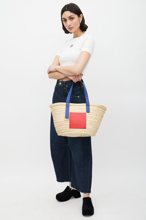 Loewe Brown 
Blue Woven Basket Palm Leaf Bag