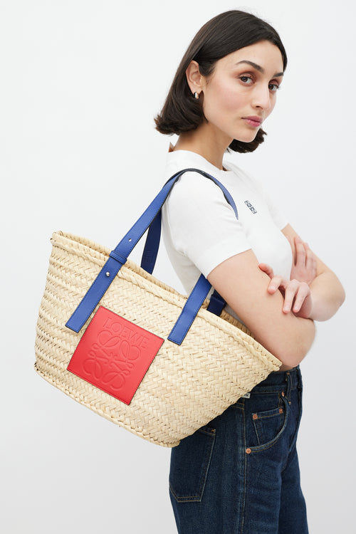 Loewe Brown 
Blue Woven Basket Palm Leaf Bag