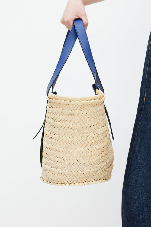 Loewe Brown 
Blue Woven Basket Palm Leaf Bag