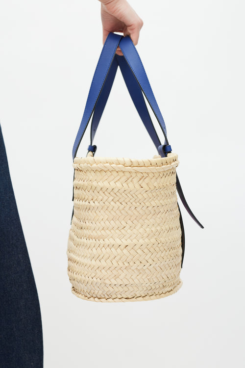 Loewe Brown 
Blue Woven Basket Palm Leaf Bag