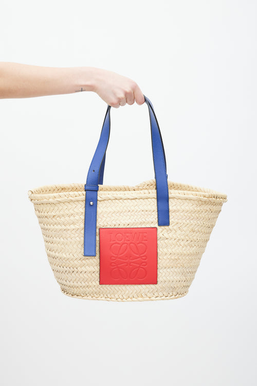 Loewe Brown 
Blue Woven Basket Palm Leaf Bag