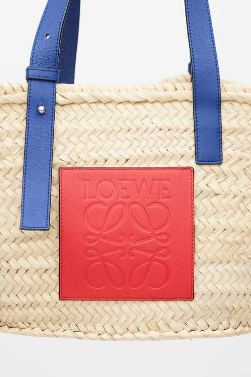 Loewe Brown 
Blue Woven Basket Palm Leaf Bag