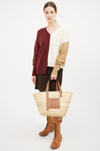 Brown Leather Logo Straw Tote Bag