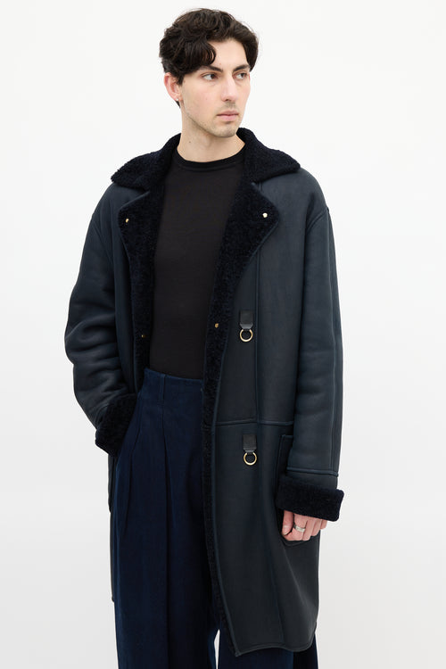 Loewe Navy Leather 
Shearling Embellished Coat