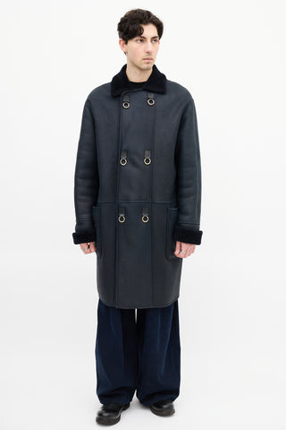 Loewe Navy Leather 
Shearling Embellished Coat