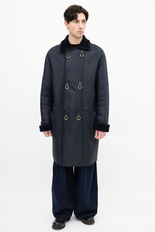 Loewe Navy Leather 
Shearling Embellished Coat