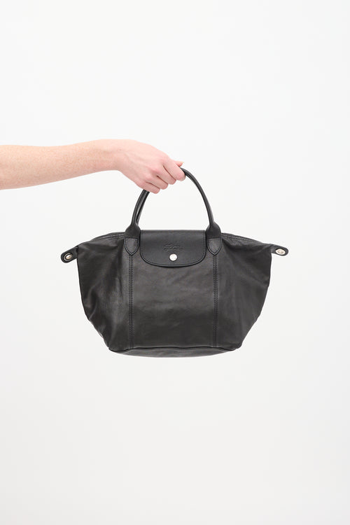 Longchamp Black Leather Small Le Pliage Tote Bag