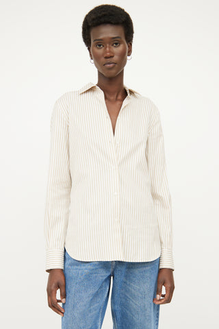 Loro Piana Beige 
White Stripe Button Up Top