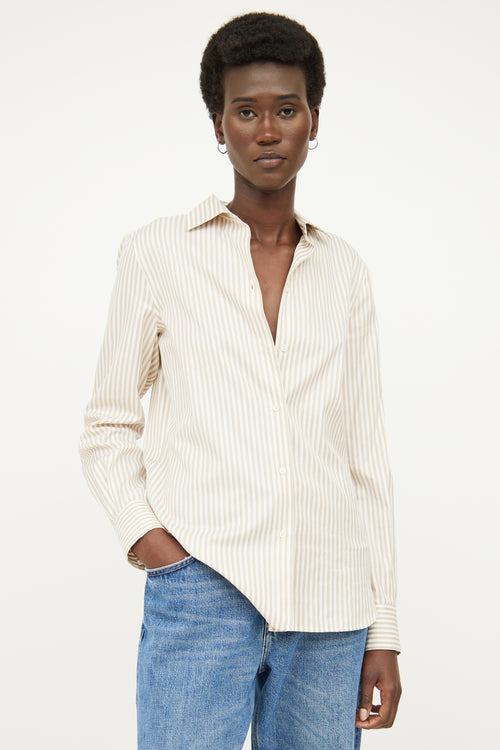 Loro Piana Beige 
White Stripe Button Up Top