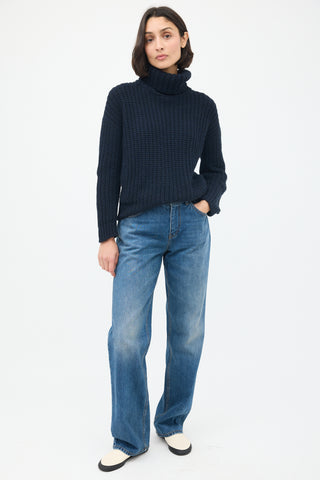 Loro Piana Navy Cashmere Ribbed Turtleneck Sweater