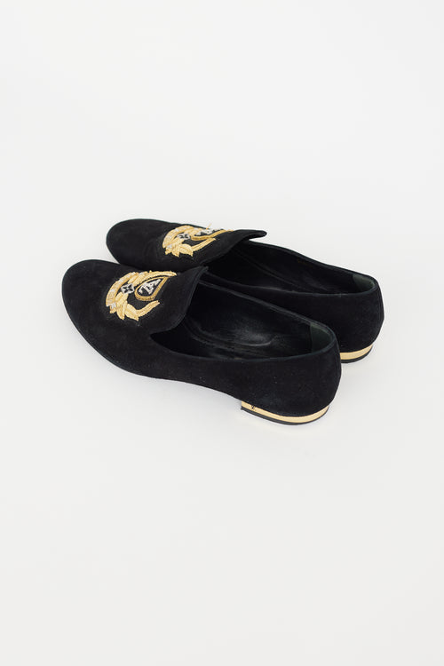 Louis Vuitton Black 
Gold Suede Loafer