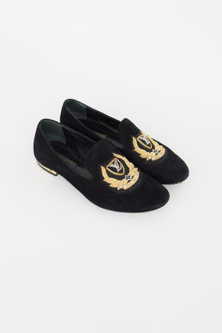 Louis Vuitton Black 
Gold Suede Loafer