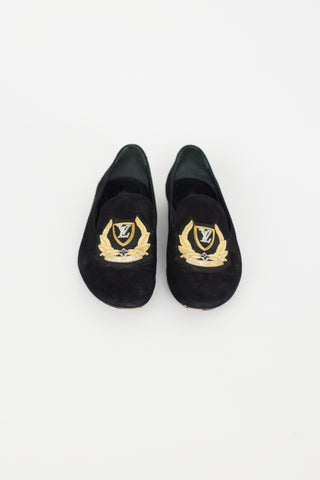 Louis Vuitton Black 
Gold Suede Loafer