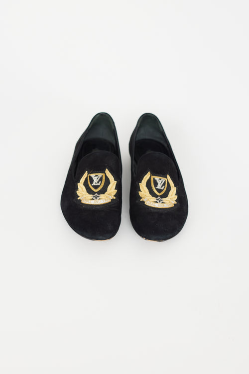 Louis Vuitton Black 
Gold Suede Loafer