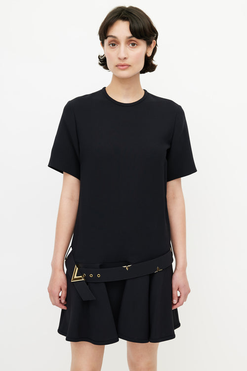 Louis Vuitton Black 
Gold Belted Wool Dress