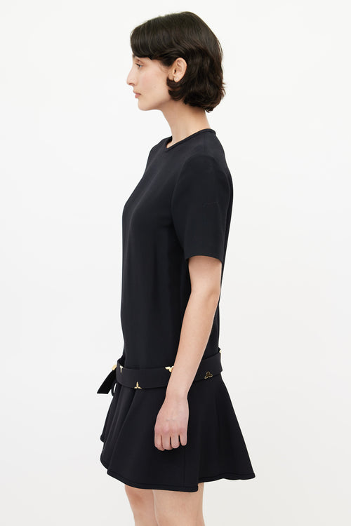 Louis Vuitton Black 
Gold Belted Wool Dress