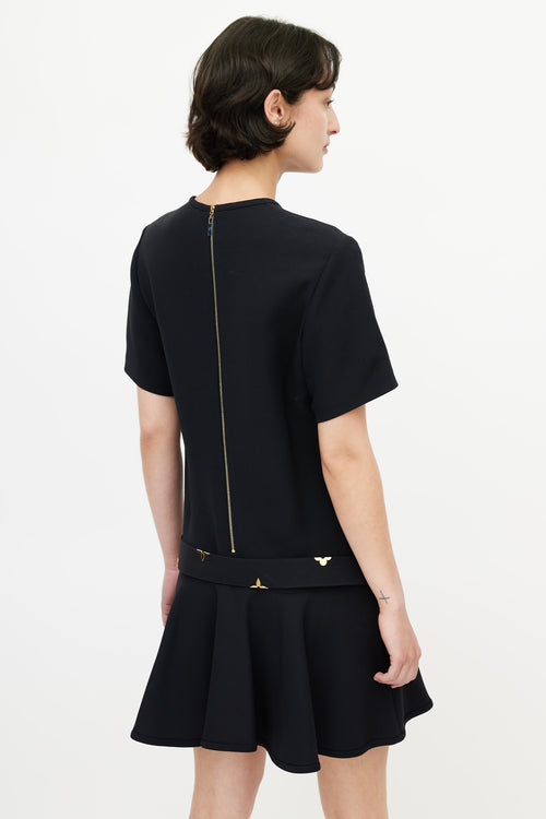 Louis Vuitton Black 
Gold Belted Wool Dress