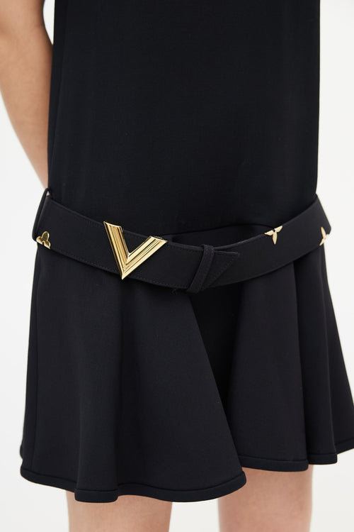 Louis Vuitton Black 
Gold Belted Wool Dress