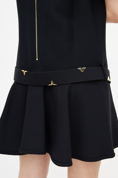 Louis Vuitton Black 
Gold Belted Wool Dress