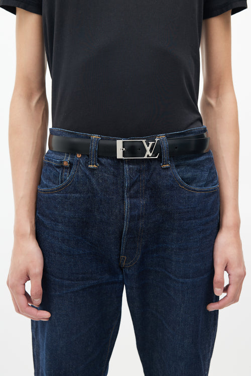 Louis Vuitton Black 
Silver Leather Logo Belt