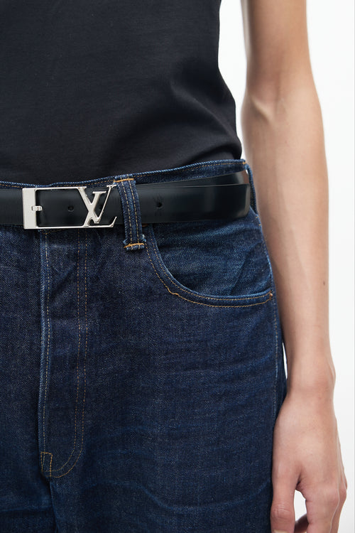 Louis Vuitton Black 
Silver Leather Logo Belt