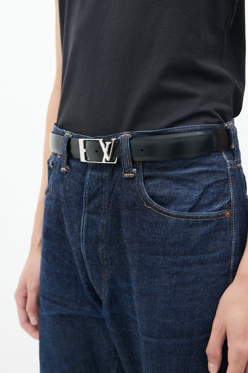 Louis Vuitton Black 
Silver Leather Logo Belt