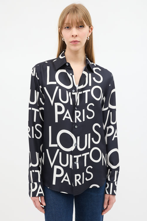 Louis Vuitton Black 
White Silk Typography Shirt