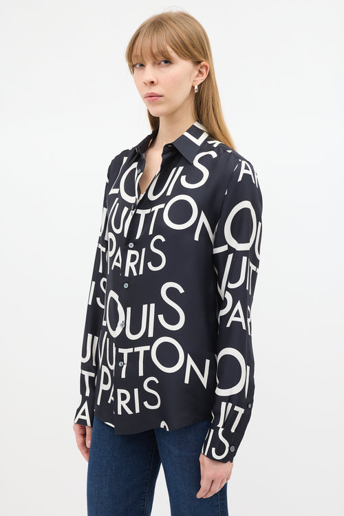 Louis Vuitton Black 
White Silk Typography Shirt