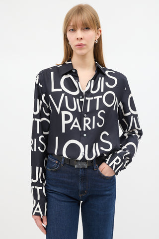 Louis Vuitton Black 
White Silk Typography Shirt