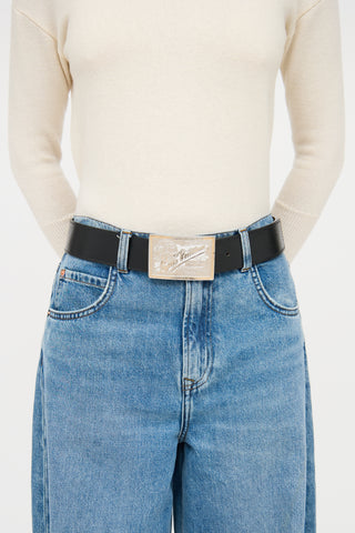 Black Leather Ceinture Jeans Logo Belt