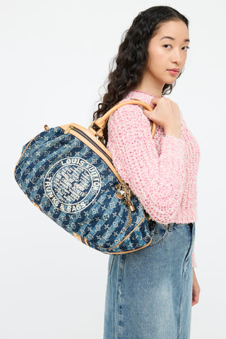 Blue Denim Porte Epaule Raye Handbag