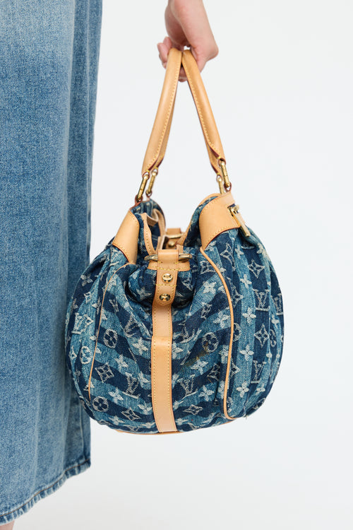 Blue Denim Porte Epaule Raye Handbag