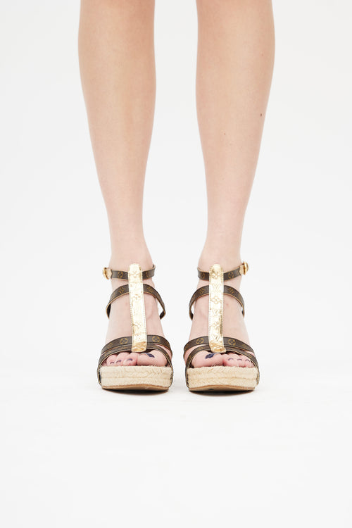 Louis Vuitton Brown 
Gold Monogram Wedge Sandal