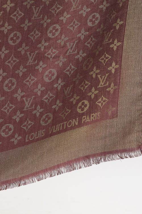 Louis Vuitton Dark Brown 
Gold Silk Monogram Shine Scarf