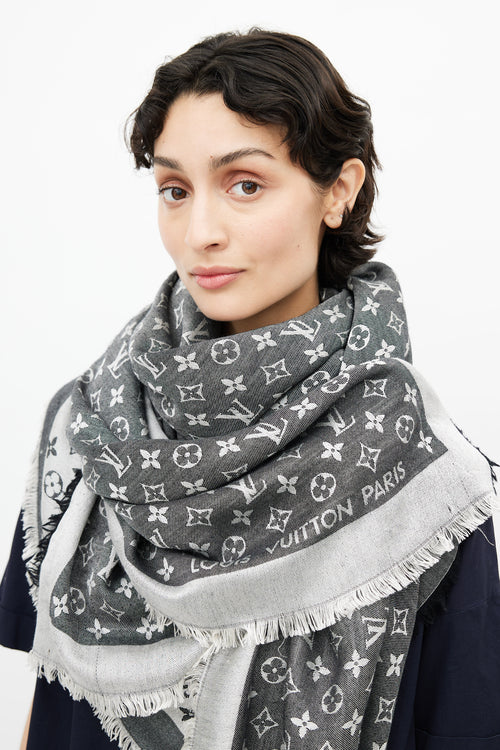 Louis Vuitton Black 
Grey Monogram Chale Scarf