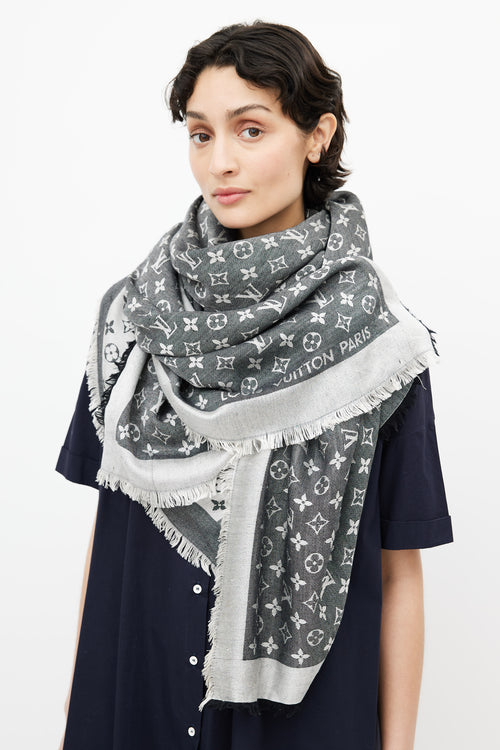 Louis Vuitton Black 
Grey Monogram Chale Scarf