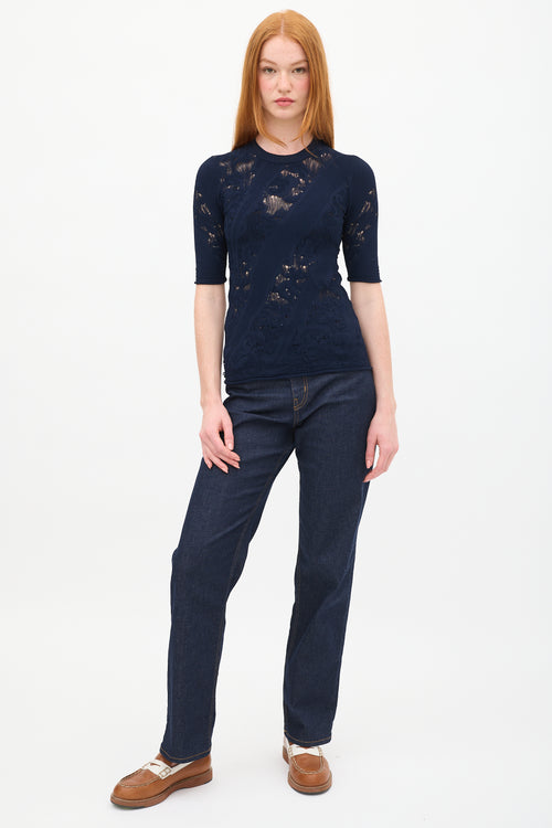 Louis Vuitton Navy Floral Lace Knit Top