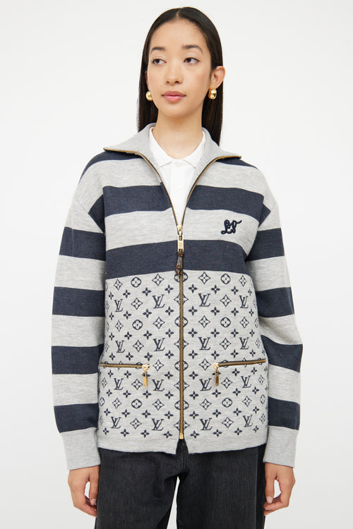 Louis Vuitton Grey 
Navy Monogram Knit Jacket