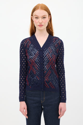 Louis Vuitton Navy 
Red Wool Sequin Open Knit Cardigan